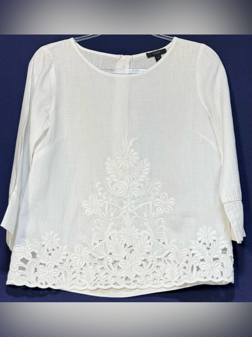 J. Crew White 100% Linen Embroidered Eyelet Blouse Gold Zip Small